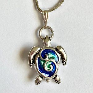 Silver Sea Life Turtle Necklace 18" Aqua Blue Enamel Nautical Island USA